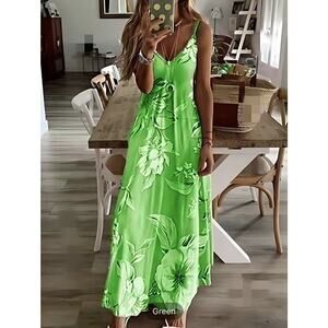 Floral Print Spaghetti Maxi Long Dress Casual Crew Neck Adj Straps Green Sz XL